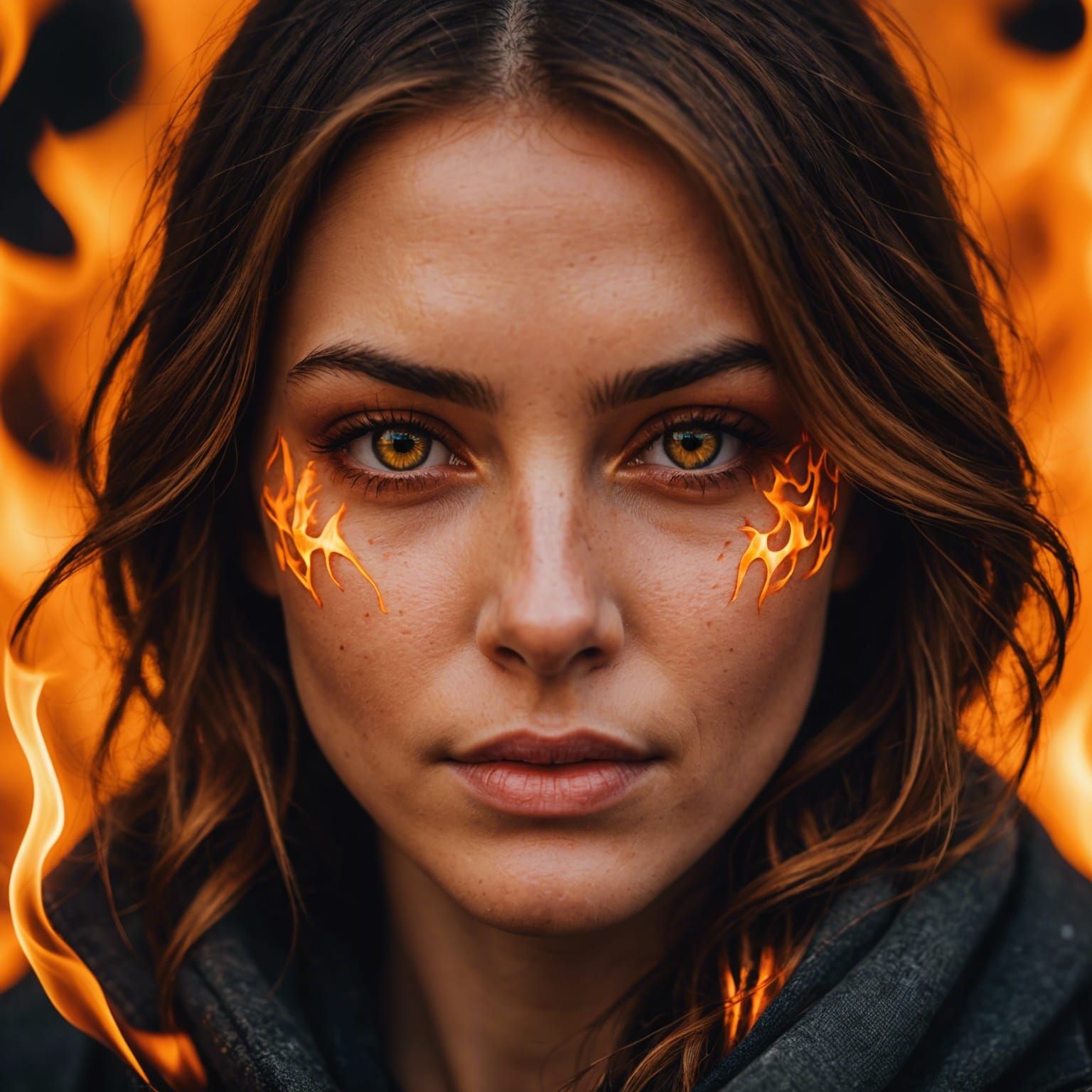 Portraits of a  womans face illuminated  by flames,