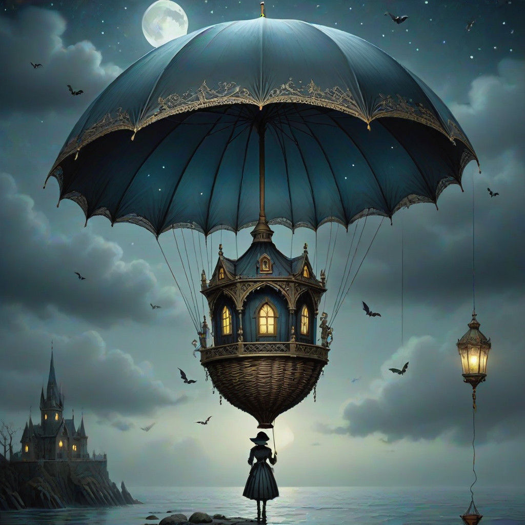 A flying air balloon with the balloon made up of an elaborate Beautiful antique Victorian umbrella with ...  by @Hummingbirdartiste