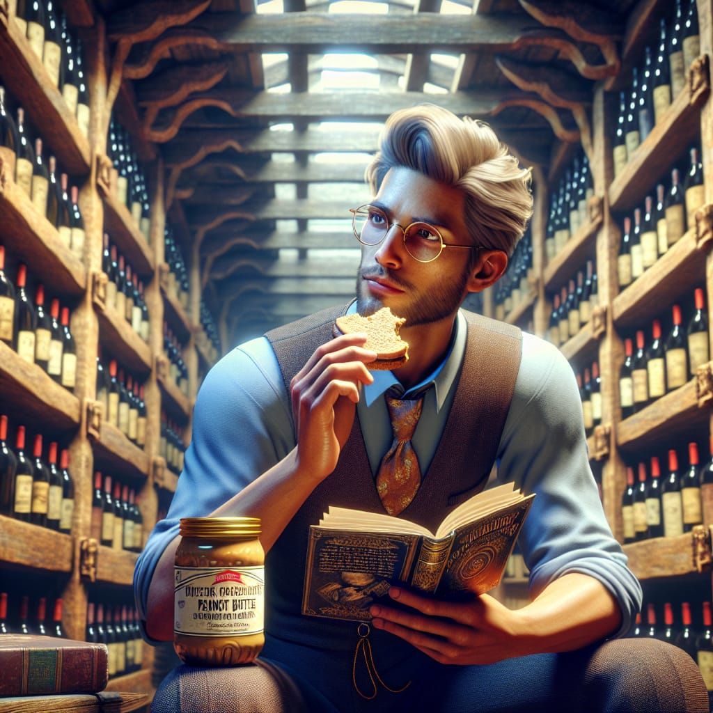 A peanutbutter connoisseur eating a peanut butter sandwich while reading a "LONGMIRE" book,in a wine celler,vivid co...
