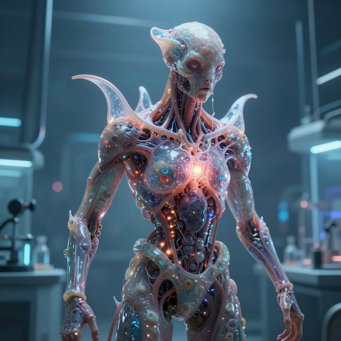 Biopunk science fiction artwork depicting an organic technological organism grown inside a neon-lit laboratory, ...  by @Daomo