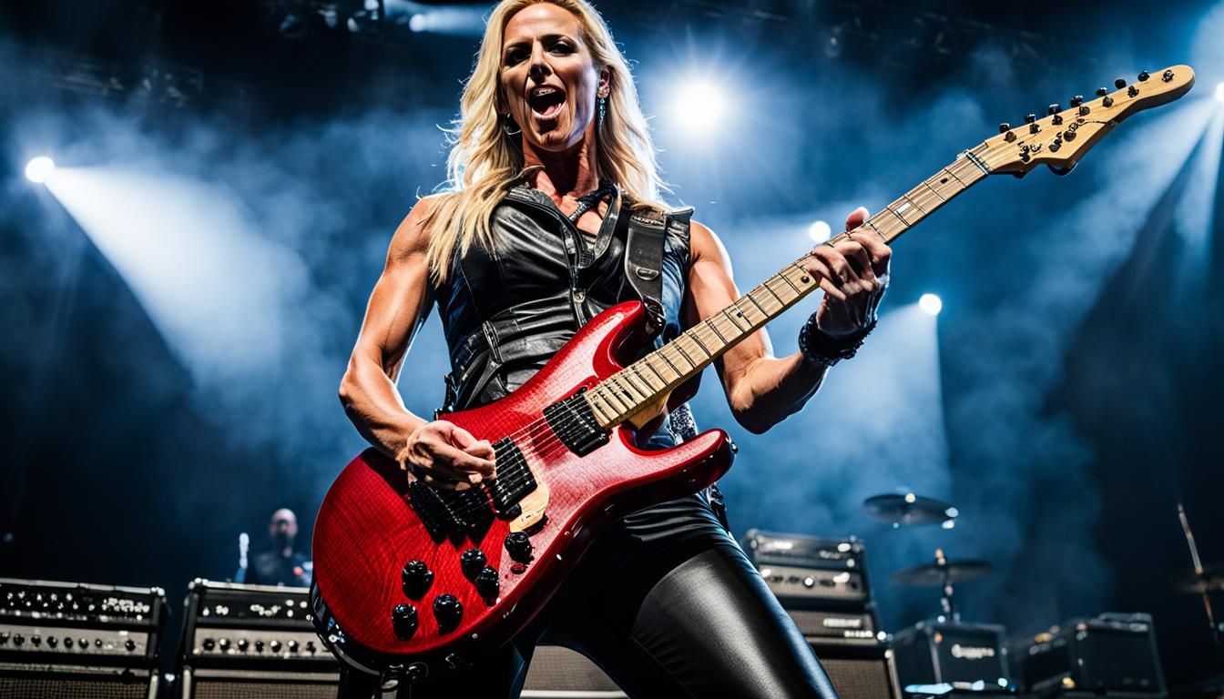 Hurricane Nita Strauss wearing leather playing electric guitar at a ...