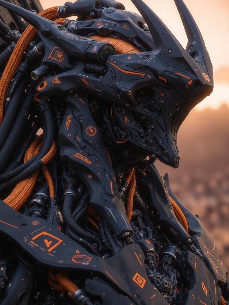 <lora:Predatory Mecha II:1.0> Black and orange exquisitely detailed mecha