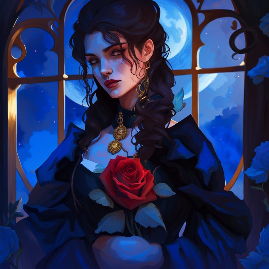 young woman, sad, roses, gothic, horror, gold lighting, eleg...