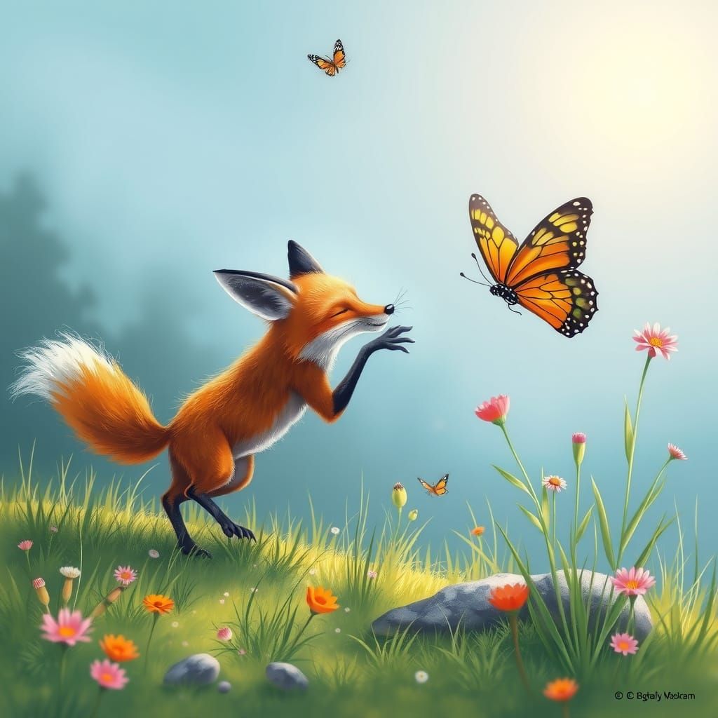 A fox plays with a butterfly 