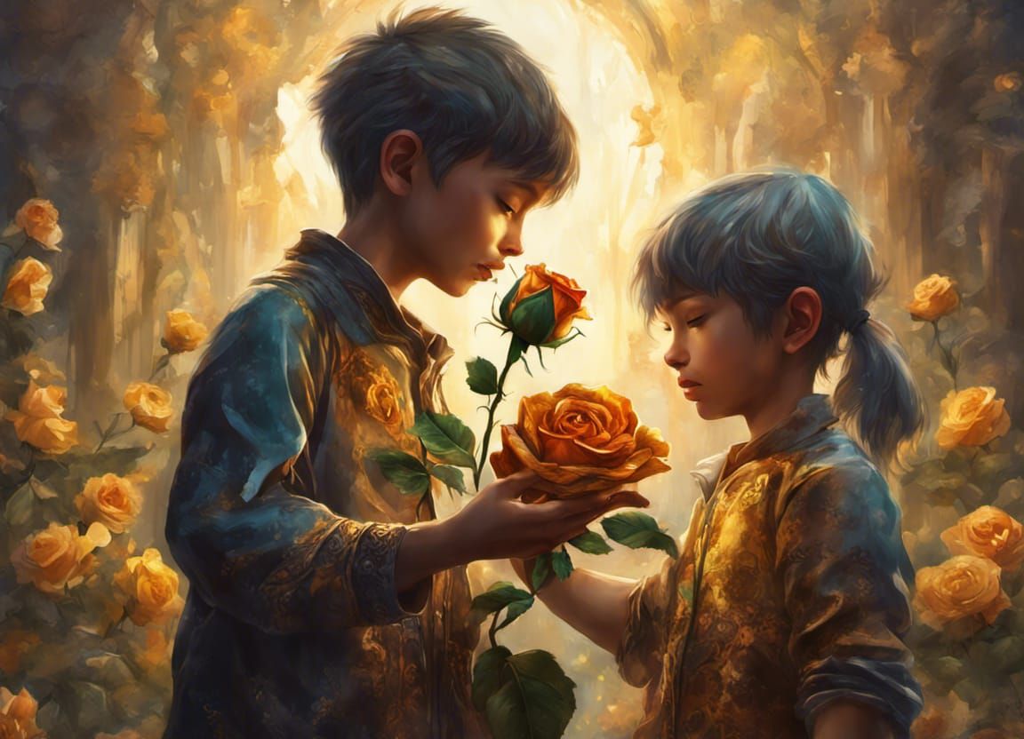 Two Small Highlighted Youngsters, Exchanging "Peace Roses" f...