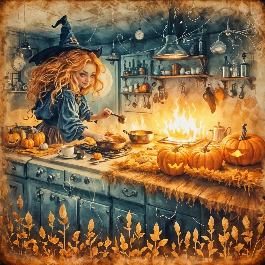Whimsical Halloween Witch Brews Coffee at Night