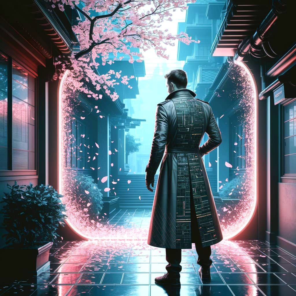 A futuristic cyberpunk detective stands in a dimly lit alleyway, investigating a shimmering portal that leads to a tranquil, ancient Zen gar...