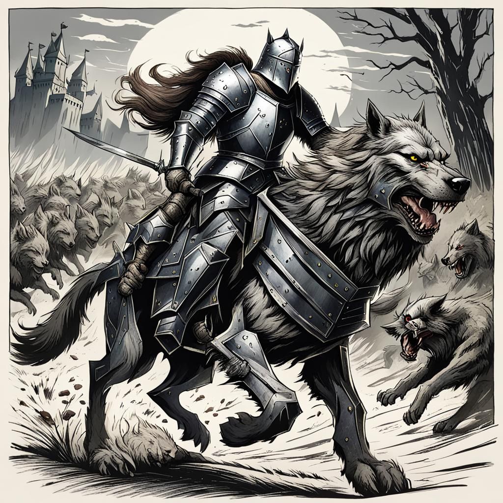 A armored knight riding a werewolf into battle
