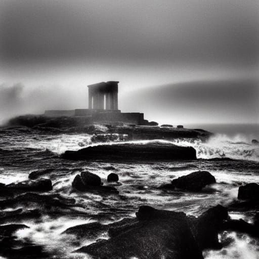 black and white grainy photo. black roman basalt columns. giant marble bathing pool from ancient Greece. blue onyx on the sea. giant ocean w...