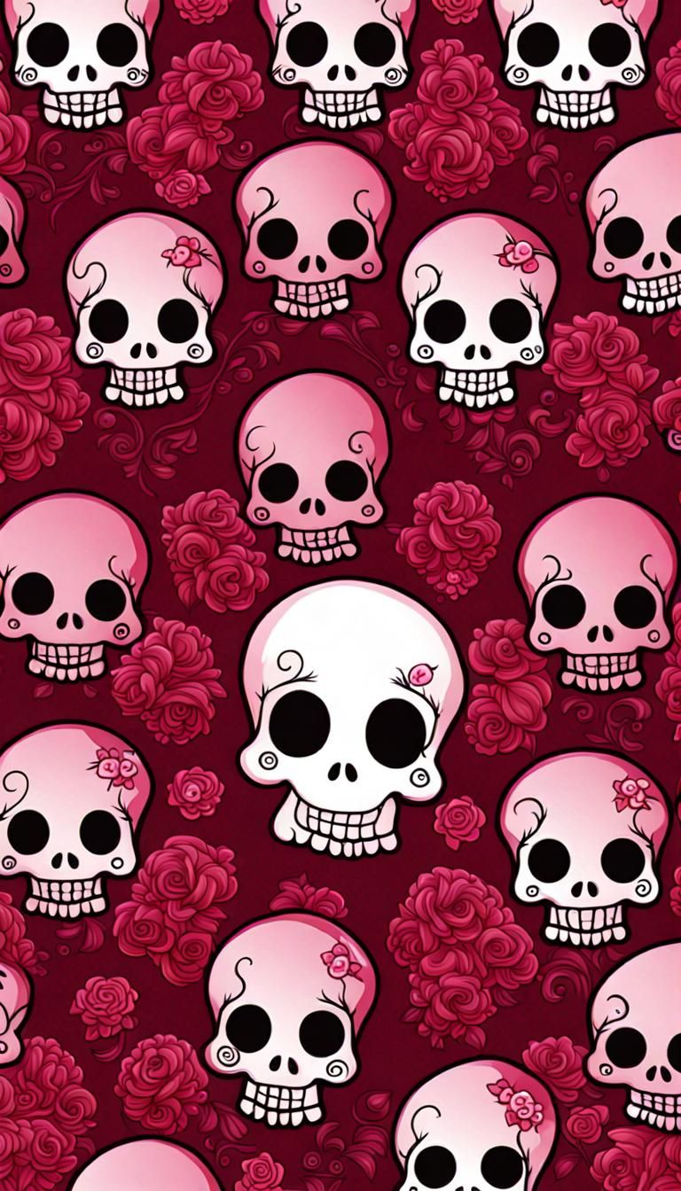 chibi skulls dark red and pink victorian background