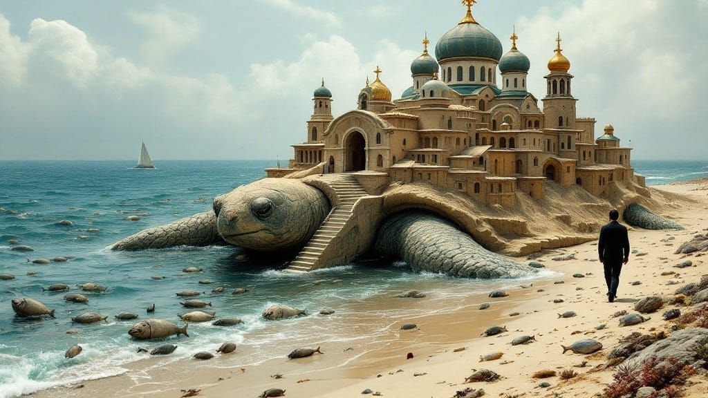 In the style of Vasily Vereshchagin, a city carved into the back of a turtle with domes and stairs is depicted in sandy ocean waves. Emergin...