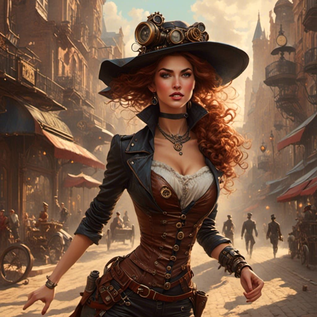 <lora:Epic Steampunk 3:1.0> Beautiful lady, running outside