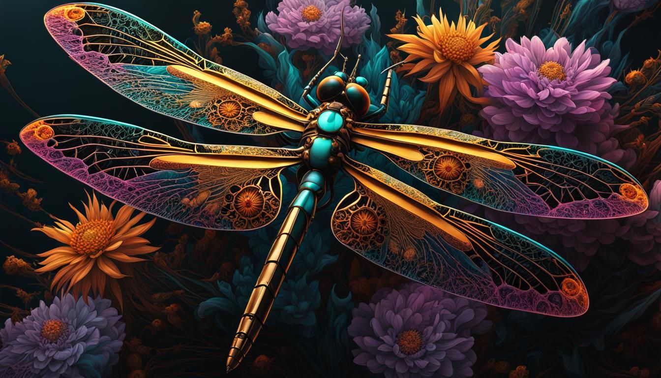 Exploded floral cyberpunk amber, black and teal dragonfly ma...
