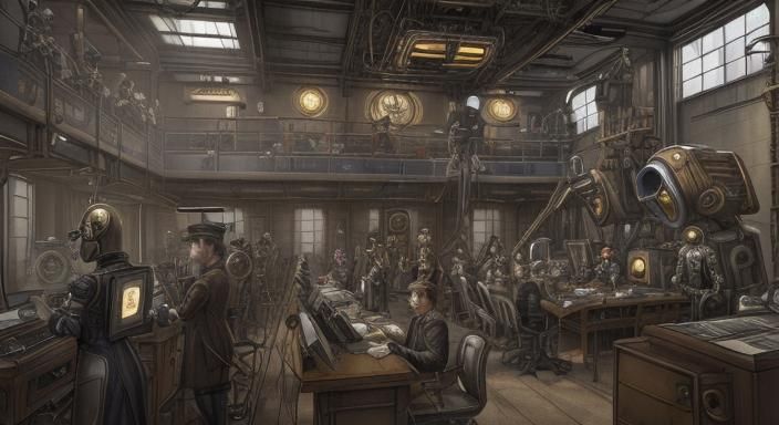 A news room in a steampunk style, with humans and robots, for a genealogy newspaper,  