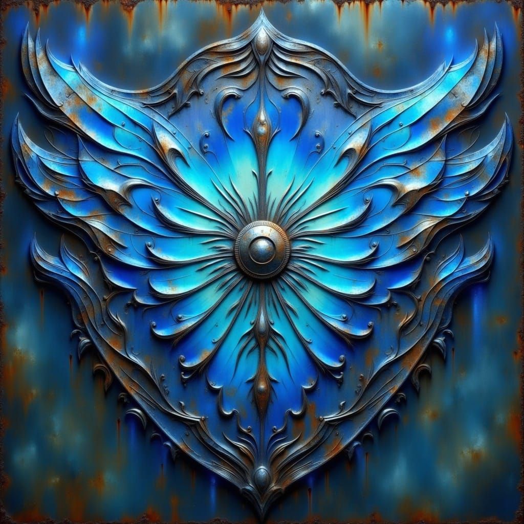An ethereal, celestial, ornate shield made of pure blue flame.  Cosmic.  Mysterious. <lora:Earth and enamel:1.0> 
