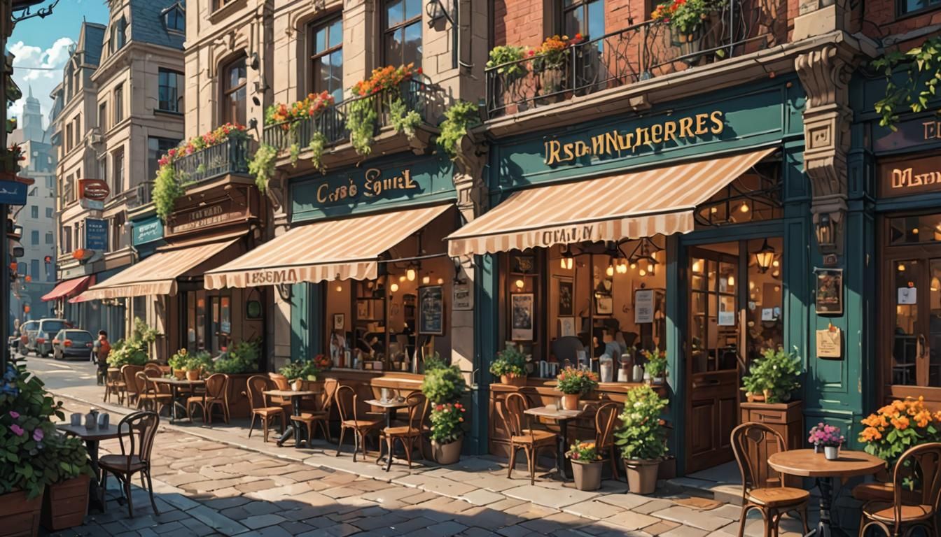 A charming European-style cafe with outdoor seating, flower ...