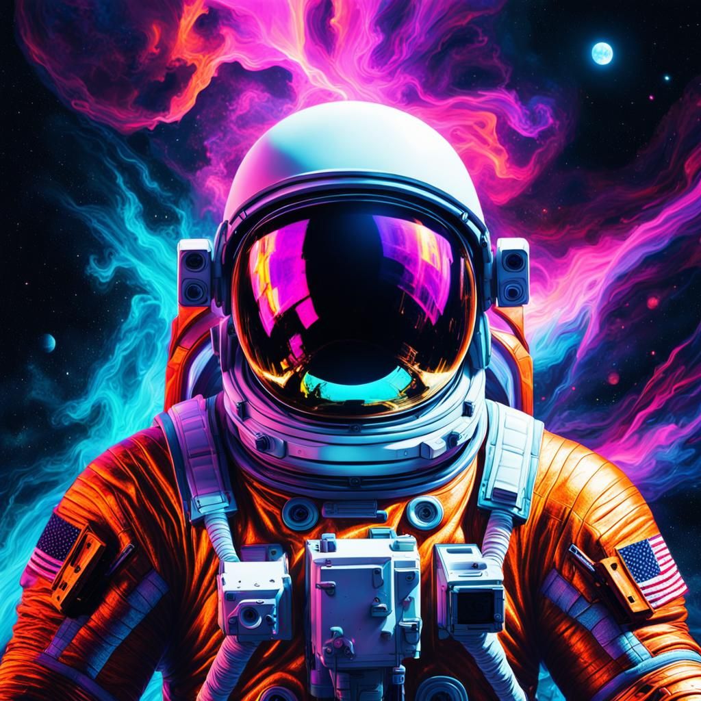 A close-up photo of an astronaut in a glowing suit made of plasma, as ...