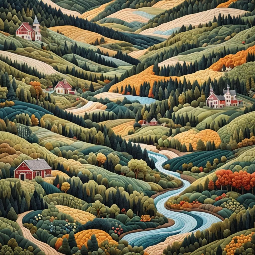 Intricate quilted landscape