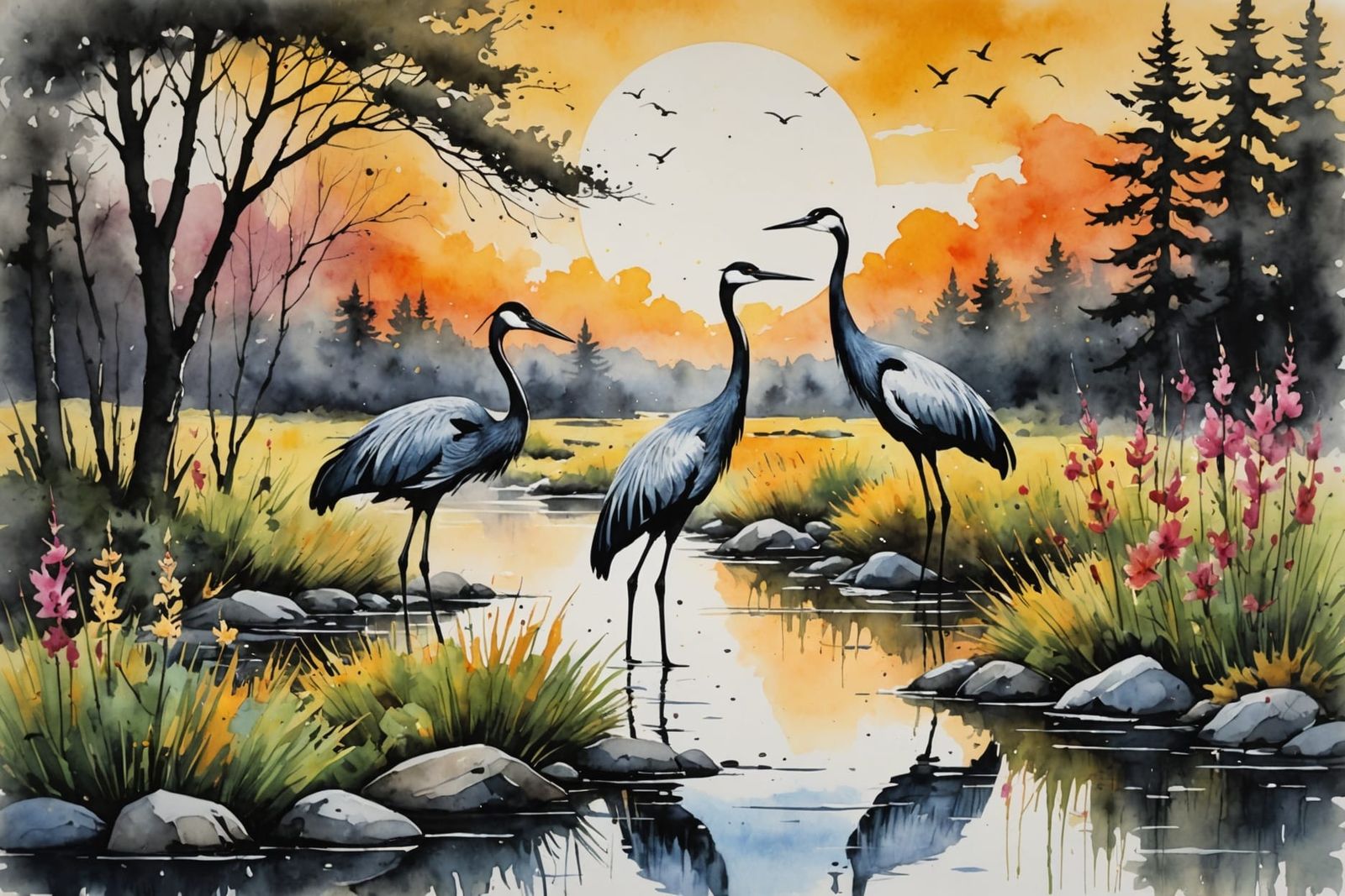 Black Ink and watercolor splatter art, splashes of A creek, wet on wet, two cranes, on a stake, sunrise, ...  by @AutumnBear
