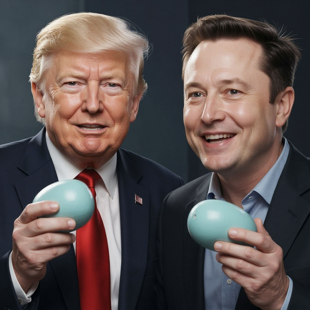 Trump and Musk both holding the same blue hotdog bun while smiling and throwing their fists up