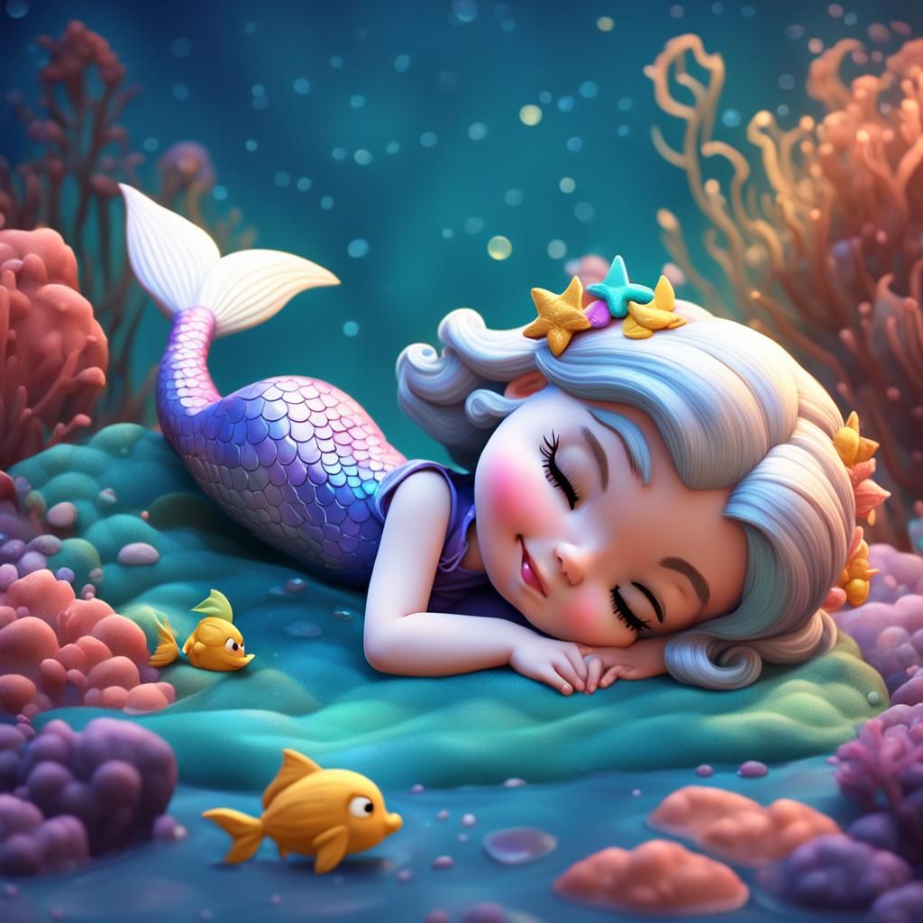 cute chibi sleeping beauty from disney as a mermaid