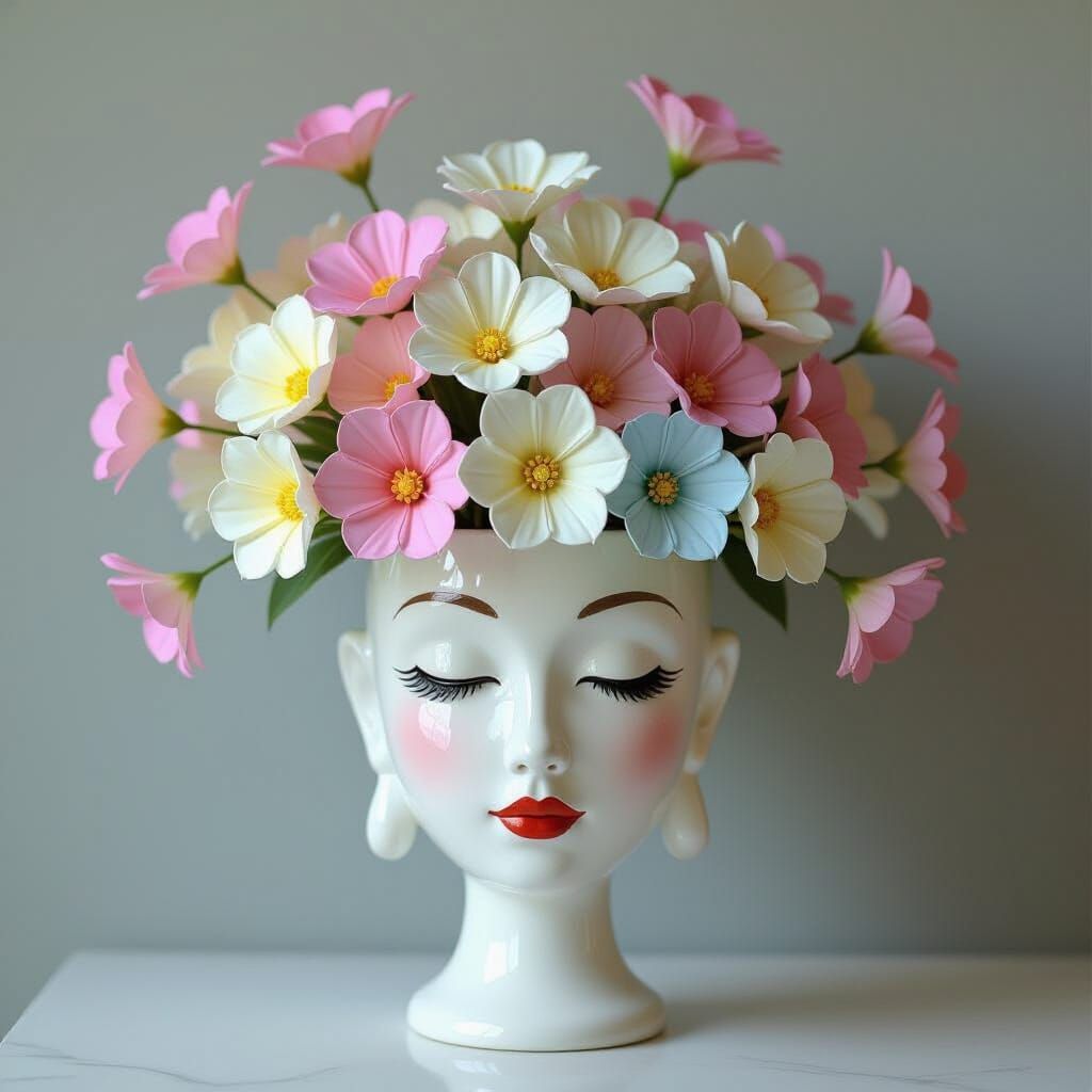 <lora:Whimsical Watercolor:1.0> <lora:Wet Watercolor:1.0> whimsical flower arrangement in white head vase, dark  watercolor background