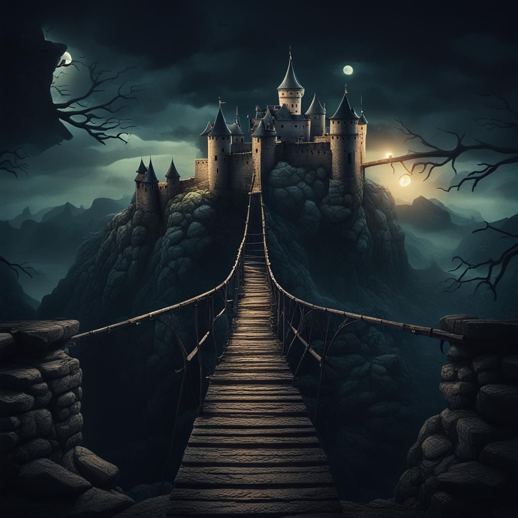 a castle on top of a mountain in a dark scary nightmarish ni...