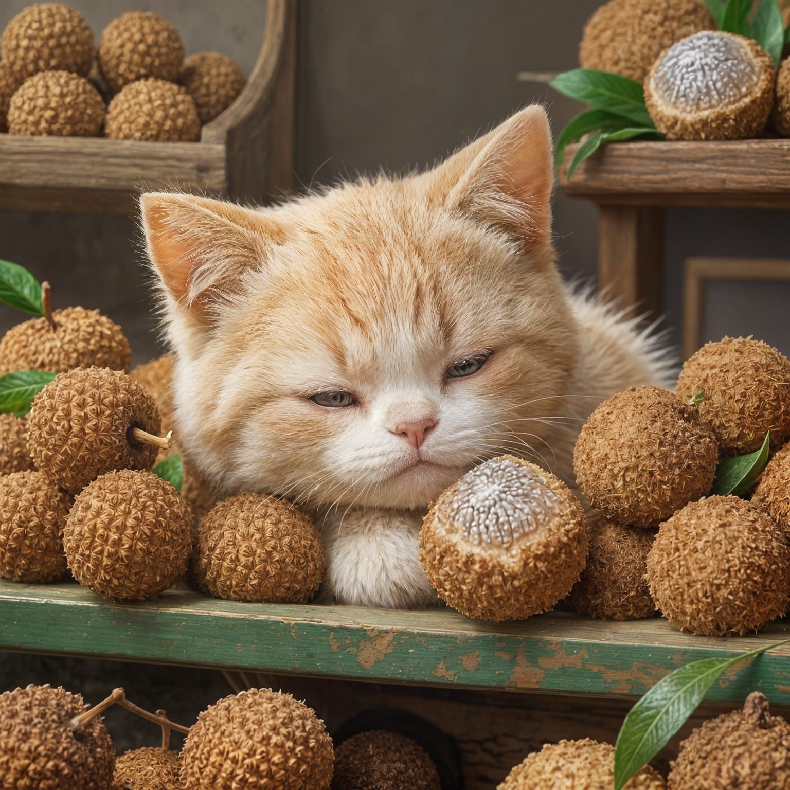 Cute Lychee Kitten Sleeping in Fruit Shop