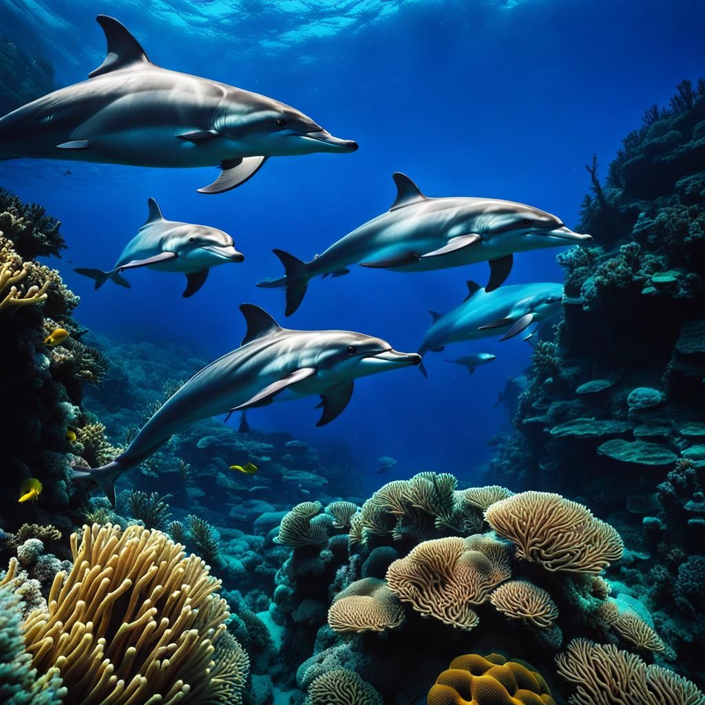A pod of dolphins authentic swimming in the deep dark clear ...