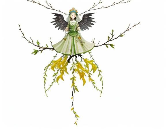 On the white cotton gauze, yellow threads are used as branch...