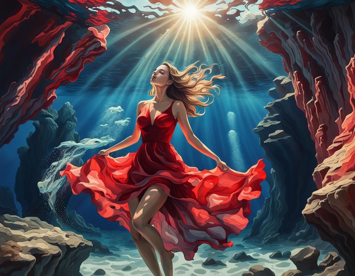 Red dress underwater