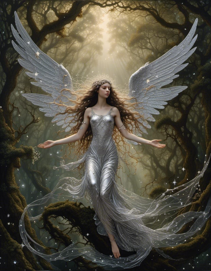fae fantastic wonderland flying female angel made of silver fluid mercury with long hair single wing attached to silver male angel with sing...