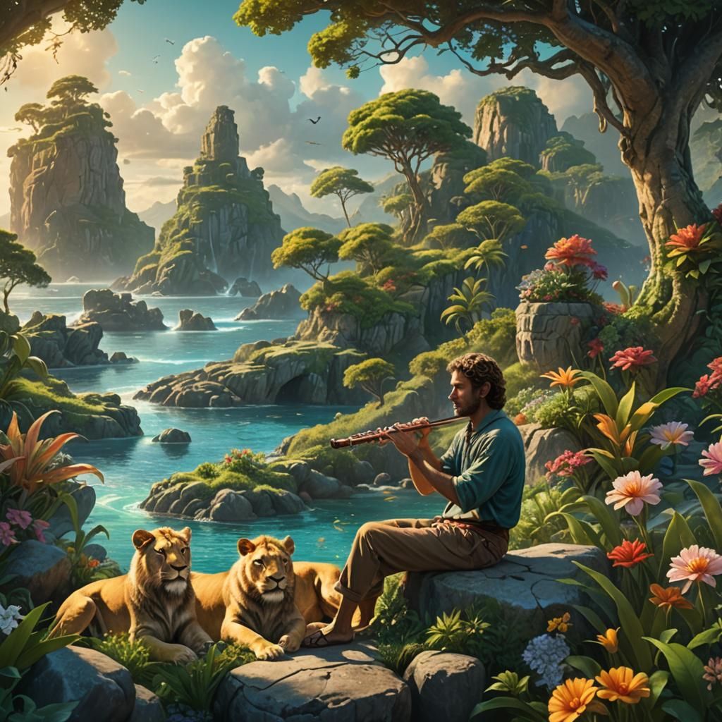 Man Plays Flute with Lions: Fantasy Concept Art