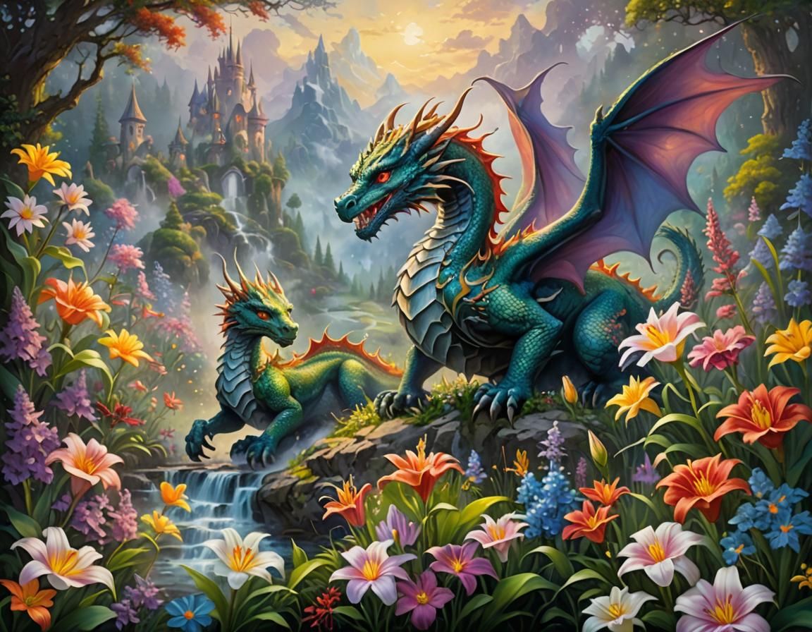 Fantasy style acrylic painting with a magical background of ...