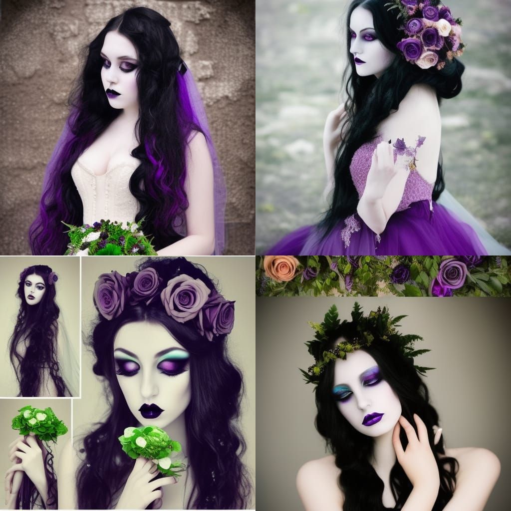 Ethereal Gothic Young Lady Bride With Wavy Long Black Hairand Green Eyesand Blackandpurple Eyeshadow 1475