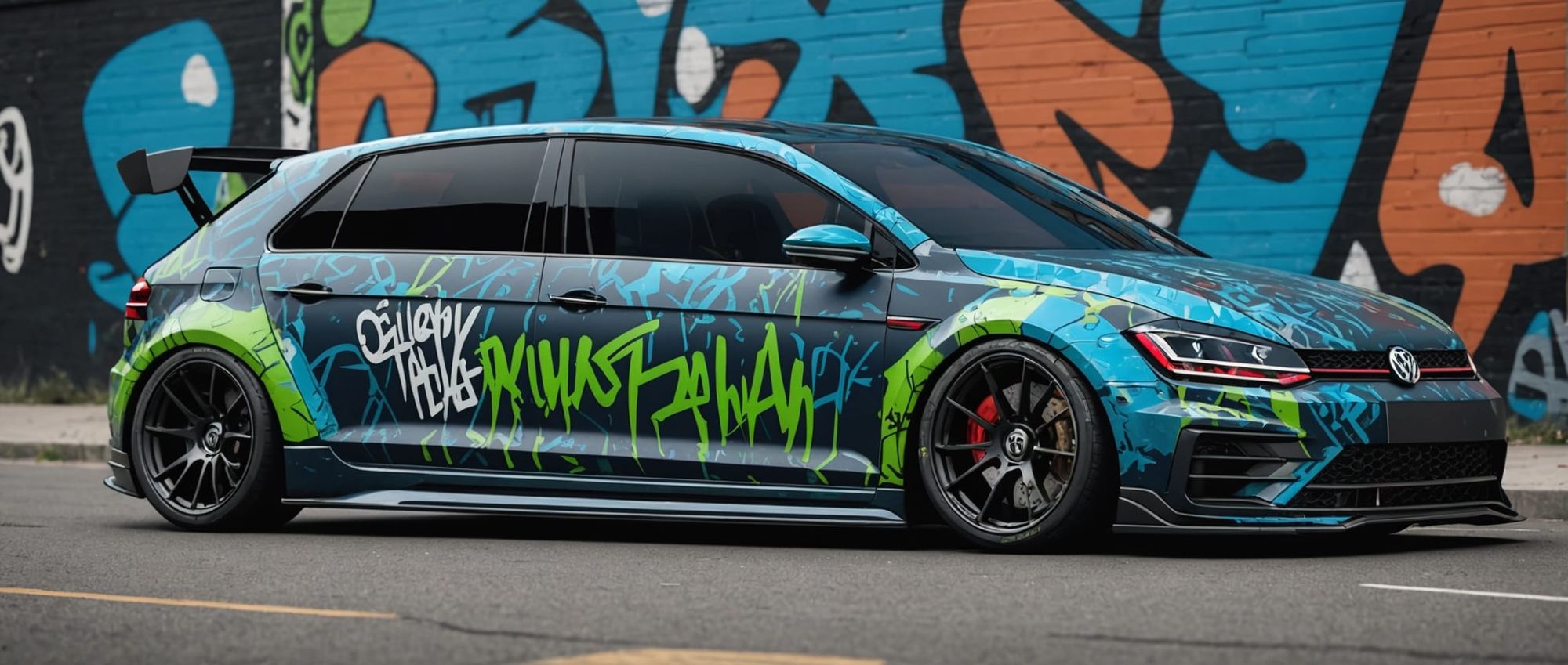 Volkswagen concept GTI widebody aero body kit with multiple angles with a blue and green graffiti wrap, ray tracing, octane rendering, intri...