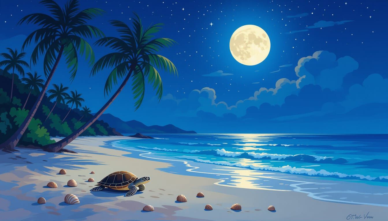 A serene tropical beach with two tall palm trees swaying gently, scattered seashells, and a slow-moving ...  by @StellaPavlina