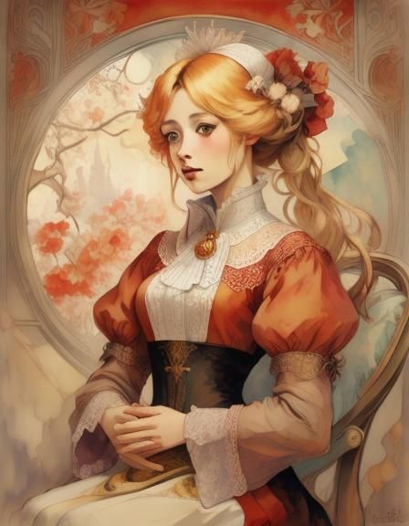 A beautiful blond woman wearing red,<lora:Art Nouveau:1.0>, perfectly drawn face, watercolor art, art nouveau, Alphonse Mucha