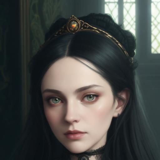 Gothic Victorian Queen with long black hair and green eyes& ...