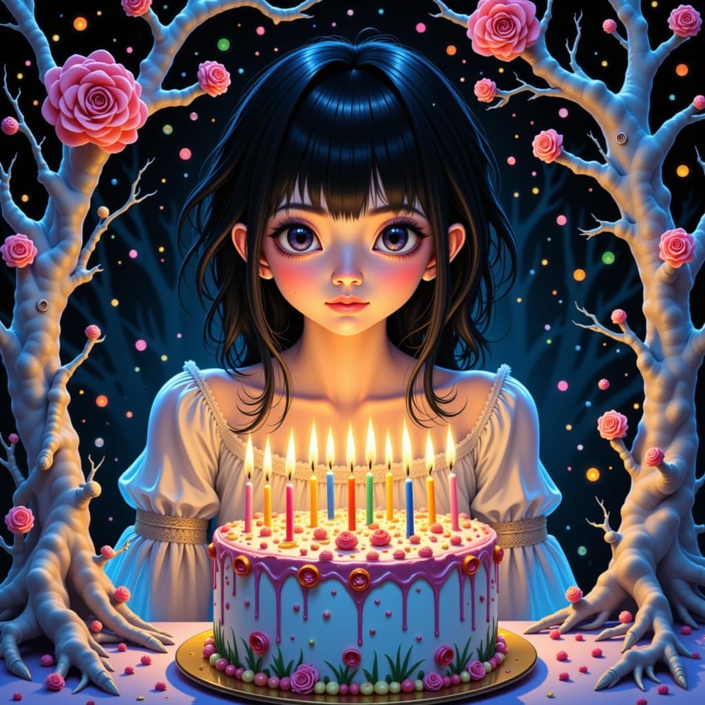 Digital Painting. Close-up. A creepy cute young woman gazes through the lit candles of a colourful birthday cake. Fantasia showcase. Enigmat...