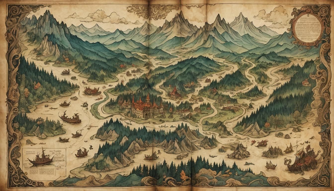 A medieval treasure map with intricate illustrations of drag...