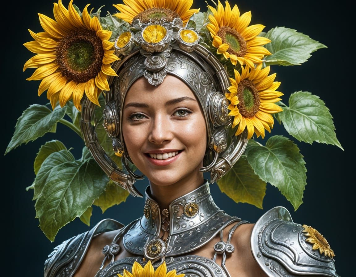 "(sunflower:1.3) steel cyborg smiling woman, holding bunch o...