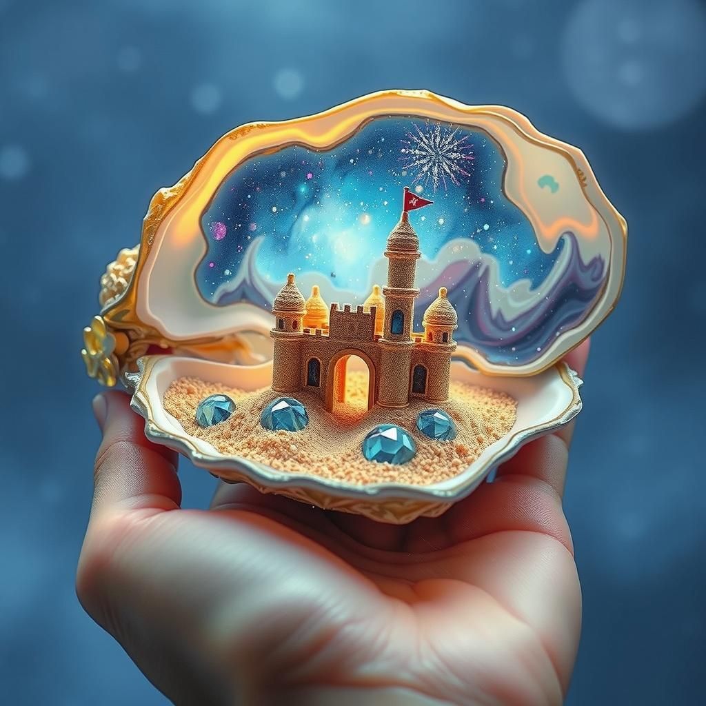 Miniature Sandcastle in Oyster Shell: 3D Watercolor Art