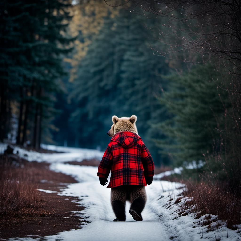 A bear walking along a winter path wearing a red plaid coat.