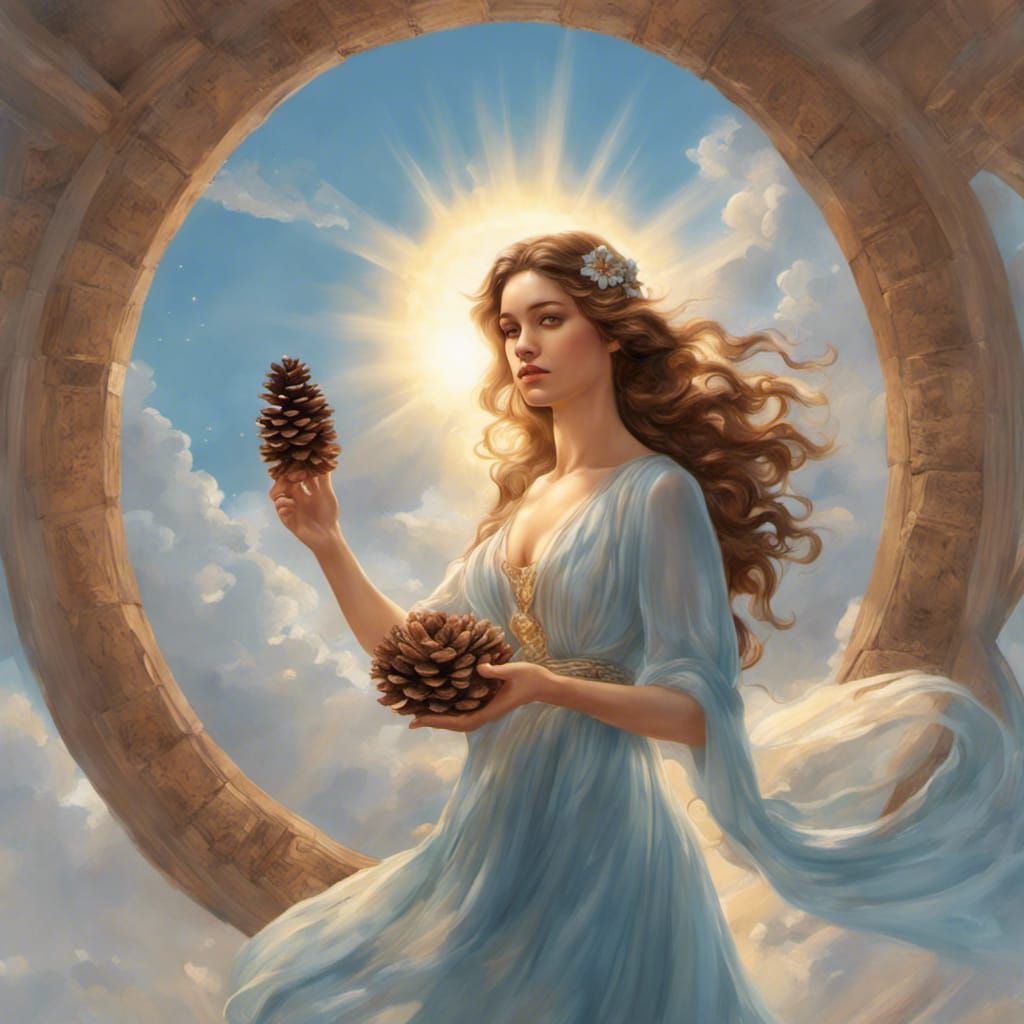 A goddess with brown hair ,a pale blue flowing dress holding a pine ...