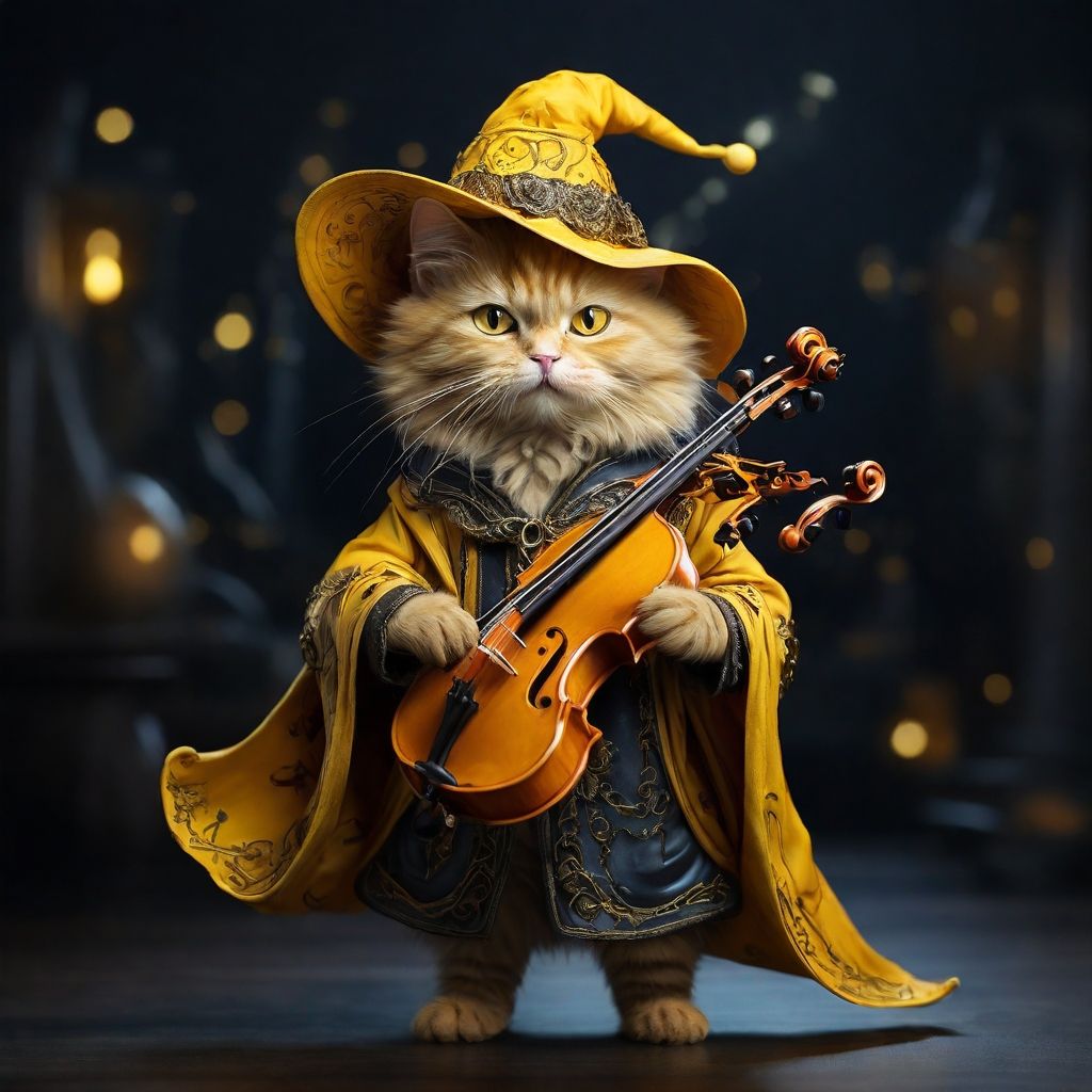 A cat playing a violin at night