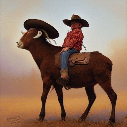 A cowboy hat with arms riding a goat