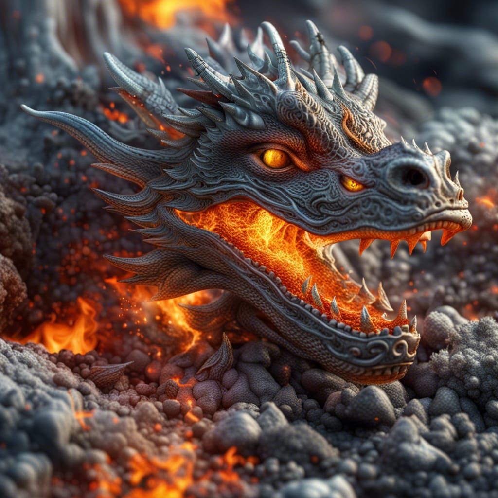weiß silberner schimmernder feuerspeiender Drache, Vulkanaus...