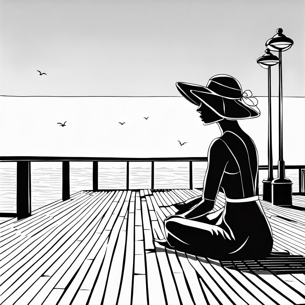 Line Art lady sitting on boardwalk