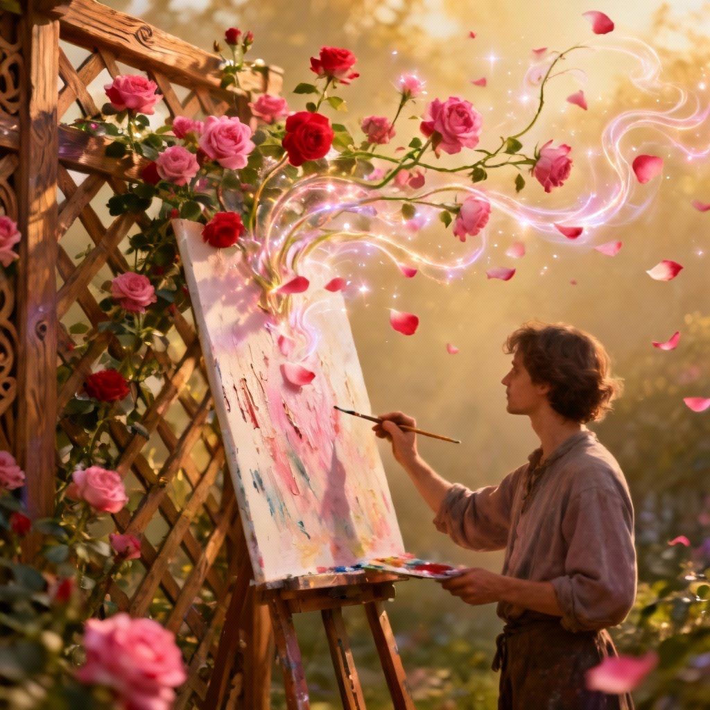 A Magical Artist, who is painting wild roses blossoming on a...
